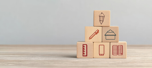 Minimalist setup of wooden blocks with of pencil, ruler, and book on wooden surface, symbolizing education and creativity in calm environment