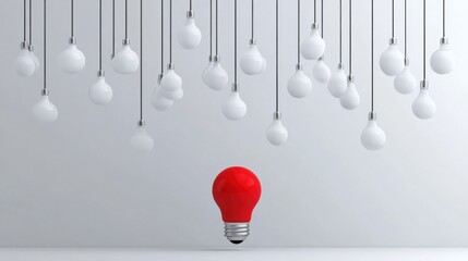 Red Light Bulb Surrounded by White Hanging Light Bulbs on Gray Background
