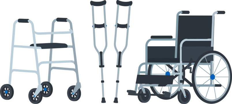 Medical mobility devices including a wheelchair and walking aids set against a black background
