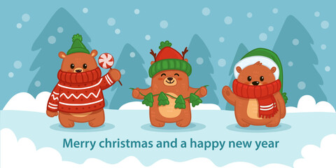 set of cute cartoon bears. Animal in flat style drawing for greeting cards, Christmas cards, banners, posters and activity pages. Vector illustration.
