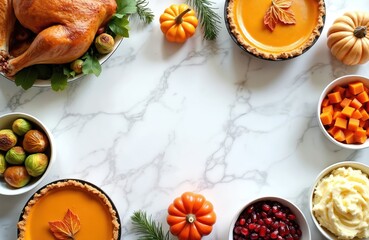 Obraz premium Thanksgiving dinner arrangement. Roasted turkey pumpkin pie side dishes on white marble table. Festive autumn food table setting for holiday celebration. Top view photo.
