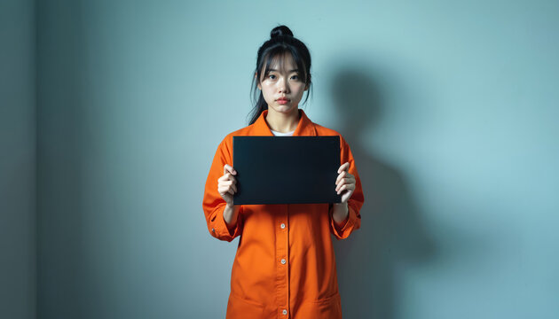 Young asian woman in orange jumpsuit stands against wall holding black sign. Mugshot photo style, juvenile offender, possible crime suspect facing justice system.