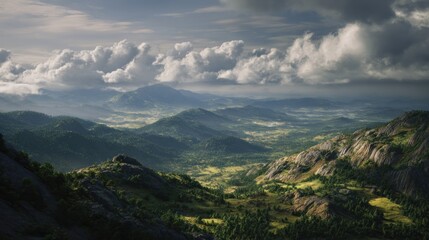 Naklejka premium Panoramic vista of rolling hills and valleys beneath a dramatic sky formation