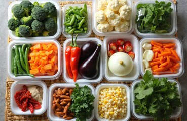 Overhead food shot presents assorted fresh vegetables in plastic containers. Variety of cut vegetables in boxes prepared for cooking. Concept of meal prep and healthy eating habits well organized.