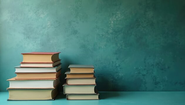 Two stacks of various sized books sit on a teal surface. A textured teal wall serves as the background for these reading materials. Useful for educational themes or promoting literature and learning.