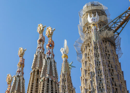 Architectural Details of the Towers of the Majestic Sagrada Fam&iacute;lia in Barcelona