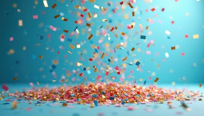 Illustration of colorful confetti falling against a blue backdrop. Festive background with scattered paper pieces. Celebration concept photo. Perfect for greetings events. Bright color party scene.