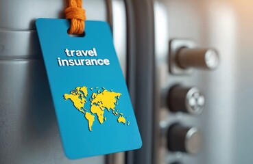 Travel insurance tag hangs on suitcase. Tag text travel insurance, world map. Risk management covers medical bills, baggage loss, trip cancellations. Security ensures protection abroad during