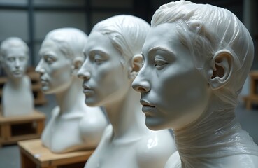 Obraz premium White plaster busts of women lined up in a warehouse. Sculptures are protected with plastic wrap. Artwork awaits shipping or exhibition, representing classical art forms.