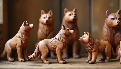 Group of handmade wooden dogs. Carved figurines stand together in studio. Animal art objects, home decor. Craft woodwork hobby. Cute pets souvenir creations, art collection. Eco friendly materials in