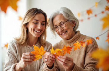 Naklejka premium Senior woman with daughter enjoy autumn time. They arrange autumn leaf garland, smiling. Family prepare fall decor together at home. Mothers day. Generations making autumn composition.