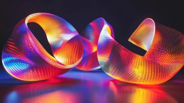 A long, thin, multi-colored object is on a table. The object is orange and pink