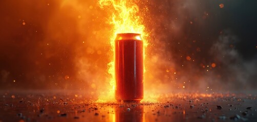 Red metal can ignites with intense flames and embers. Powerful energy drink explodes with fiery effects, creating dynamic visual impact for ads.