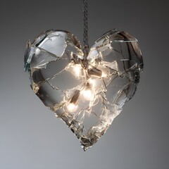 A shattered glass heart pendant light with visible bulbs inside