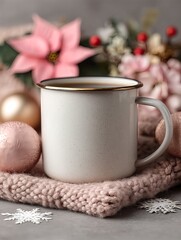 Fototapeta premium White ceramic mug mockup with pink poinsettias and Christmas ornaments