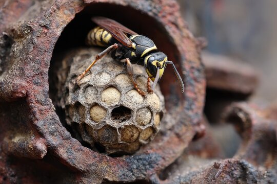 Mud Dauber Nest Resting on Rusty Engine Housing Surrounded by Leaves and Sand