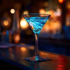 A glowing blue cocktail in a clear martini glass on a bar