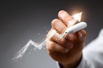 A hand holding a white marker draws an upward arrow with sparkles