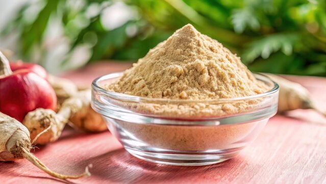 Maca powder in glass bowl with roots of Peruvian ginseng Lepidium meyenii on selective focus