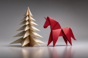 AI-generated origami unicorn and Christmas tree on reflective surface