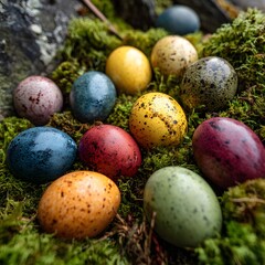 Colorful speckled eggs nestled in green moss