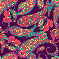 Floral seamless pattern with paisley ornament. Vector illustration in asian textile style