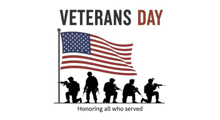Obraz premium Veterans Day Banner Honoring All Who Served with US Flag and Soldiers Silhouettes