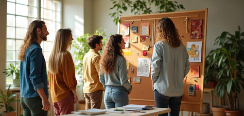 Diverse team meets in studio planning campaign using mood board with sketches, fabric swatches. Creative people collaborate on visual project development in modern workspace. Ideas flow during