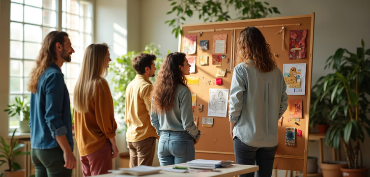 Diverse team meets in studio planning campaign using mood board with sketches, fabric swatches. Creative people collaborate on visual project development in modern workspace. Ideas flow during