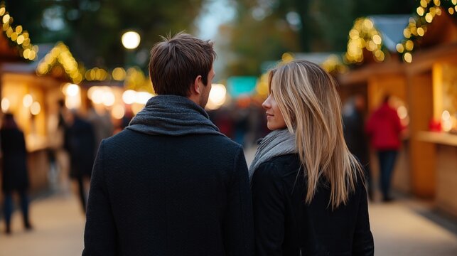 Romantic evening walk at Christmas market, rear view couple under holiday lights, winter city atmosphere