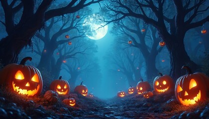 Spooky night scene with lit jack o lanterns on a forest path. Carved pumpkins glow in a dark atmosphere under moon light. Halloween holiday background illustration.
