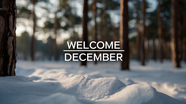 Welcome December typography over snowy pine forest at sunrise, winter nature background with copy space, shallow depth of field