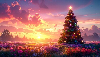 Fototapeta premium Christmas tree in a magical meadow at sunset