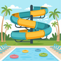 Water slide in a water park for summer recreation - 2D vector illustration