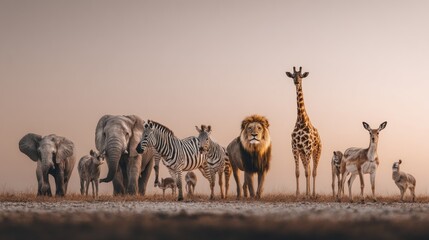 Majestic african wildlife ensemble gathering on the horizon with warm glow
