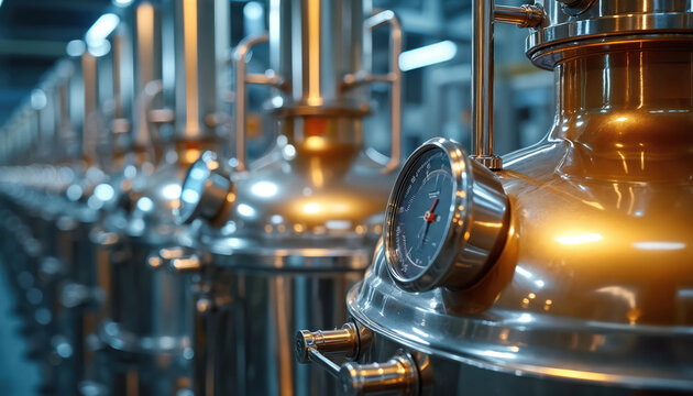 Row of shiny stainless steel bioreactors. Gleaming industrial tanks with gauges. Equipment for controlled fermentation processes in modern lab. Advanced biotech manufacturing.