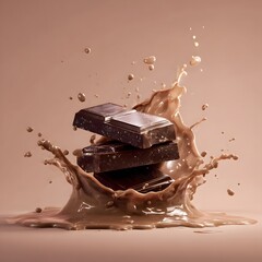 Chocolate bars splashing into a pool of melted chocolate