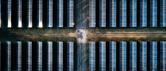 Aerial view of solar panels arranged in neat rows with a dirt path intersecting them