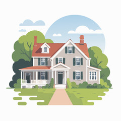 Naklejka premium House with Cape Cod style architecture - home exterior with front yard 2D vector illustration for real estate
