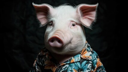 This features a pig dressed up in a Hawaiian shirt, creating a humorous and unique scene. The animal is positioned against a dark background which accentuates its colorful attire.