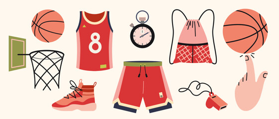 Basketball themed set with jersey, shorts, sneakers, stopwatch, hoop and ball. Trendy modern vector illustration isolated on  background, hand drawn, flat design © WinWinFolly