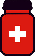 Obraz premium Red medicine bottle with white cross symbol for health and aid