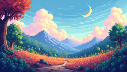 Pixel art landscape shows mountains, trees, and field. Crescent moon shines in sky with clouds. Path winds through colorful grass towards distant hills. Classic 8 bit video game scenery.