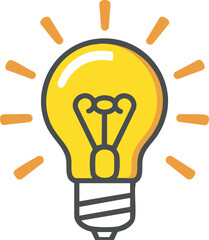 Bright yellow light bulb idea icon with glowing ray inspiration concept