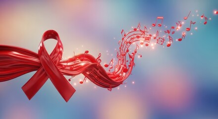 A symbolic red ribbon representing hope and support for HIV and AIDS awareness, transforming into a flowing melody of musical notes