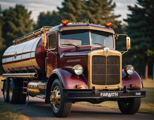 Steampunk, Vintage maroon and gold tanker truck on a country road.