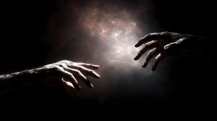 Two hands reaching towards each other in a dark environment with a glowing light in the center