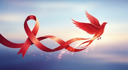 Inspirational concept for World AIDS Day featuring a red awareness ribbon transforming into a hopeful bird flying towards a bright light