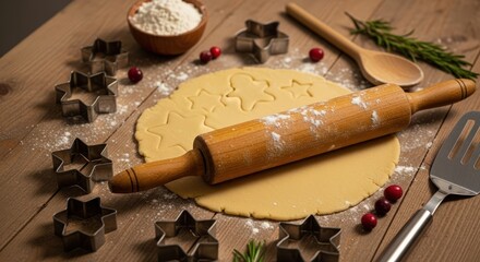 Festive holiday baking scene with rolled out cookie dough, star cutters, rolling pin, flour, and cranberries on a wooden table