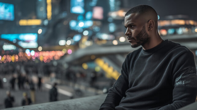 Thoughtful young man in black sweater gazes into distance in a futuristic cityscape filled with neon lights and blurred crowds - Powered by Adobe